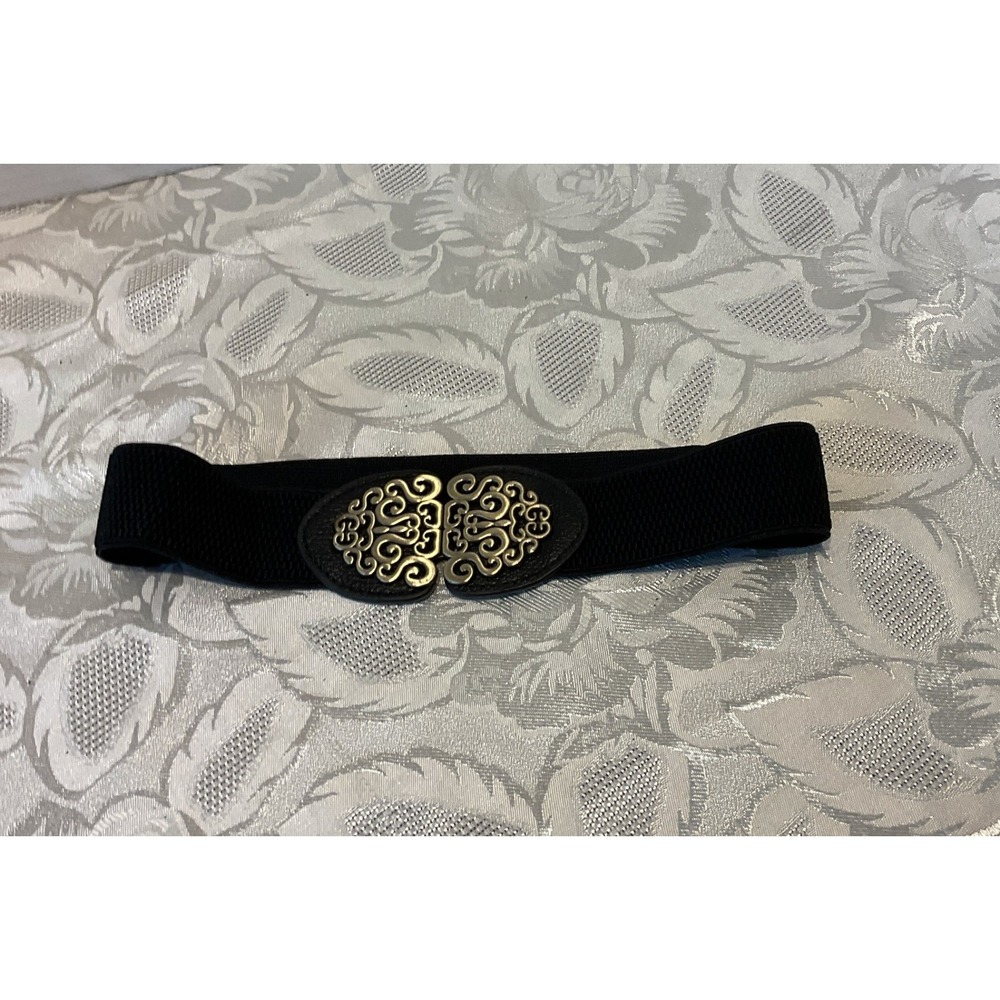 Unbranded Elastic Cinch Belt Womens OS Black Excellent Gold Filigree Buckle